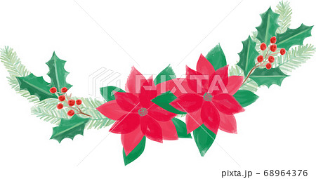ポインセチアとヒイラギとクリスマス飾りの手描き風ベクターイラストのイラスト素材