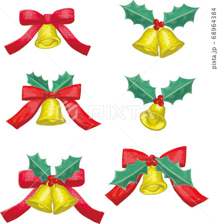 クリスマスポイント飾りのリボンとベルの手描き風ベクターイラストのイラスト素材