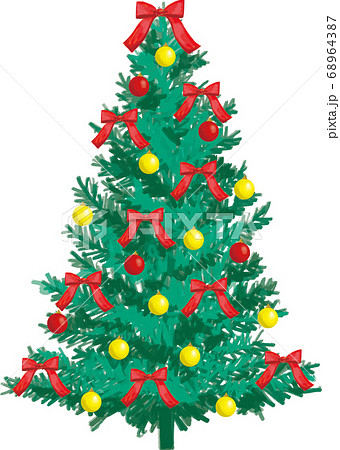 クリスマスツリー リボンとオーナメント手描き風ベクターイラストのイラスト素材