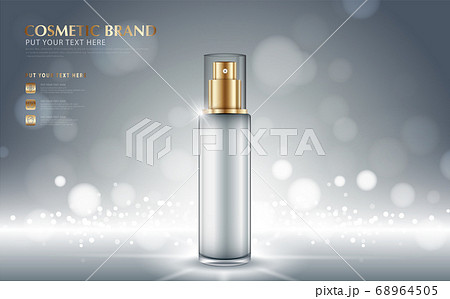 cosmetic product poster, bottle package design with moisturizer cream or liquid, sparkling background with glitter polka. cosmetic product poster, bottle package design with moisturizer cream or liquid, sparkling background with glitter polka. 68964505