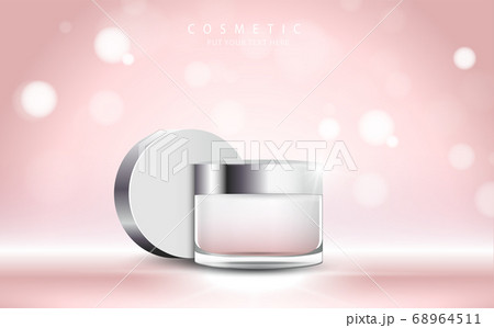 cosmetic product poster, bottle package design with moisturizer cream or liquid, sparkling background with glitter polka. 68964511