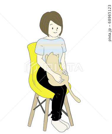 イスに座って猫をなでる若い女性と膝の上で甘える猫のイラスト素材