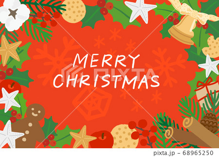 クリスマスリースの横長フレーム  背景赤 68965250