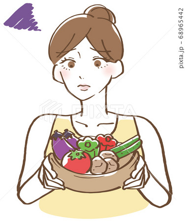 野菜を持って困り顔の女性 イラストのイラスト素材
