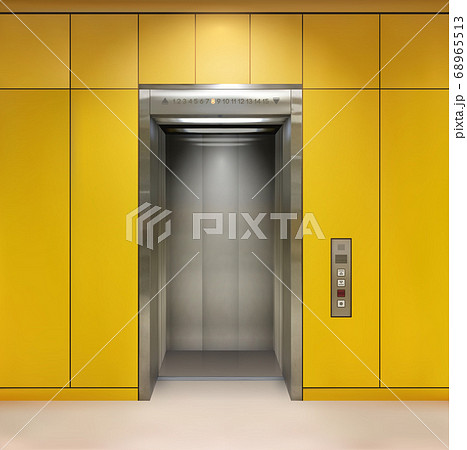 Chrome metal office building elevator doors. Open and closed variant. Realistic vector illustration yellow wall panels office building elevator. 68965513