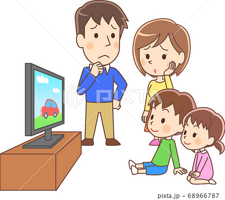 テレビを観る子供と困る両親のイラスト素材