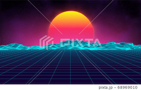 Retro background futuristic landscape 1980s style. Digital retro landscape cyber surface. Retro music album cover template sun, space, mountains . 80s Retro Sci-Fi Background Summer Landscape. 68969010