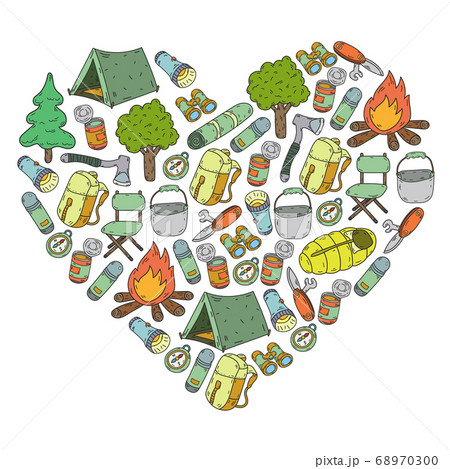 Vector illustration, pattern. Big set linear icon camping and travel Vector illustration, pattern. Big set linear icon camping and travel 68970300