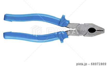 Old pliers with rubber grips in blue on a white Old pliers with rubber grips in blue on a white 68972869
