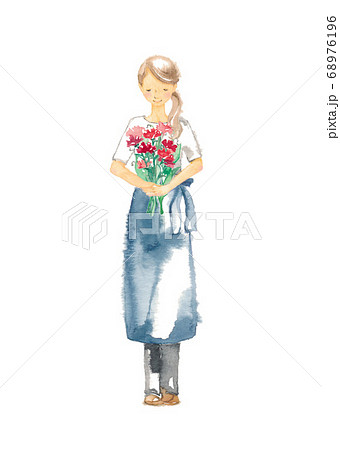 静かに微笑む若い女性、カーネーション 68976196