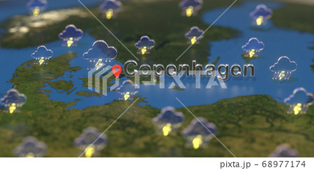 Stormy weather icons near Copenhagen city on the map, weather forecast related 3D rendering 68977174