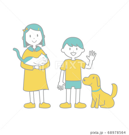 女の子と猫 男の子と犬 イラスト カラー 主線ありのイラスト素材