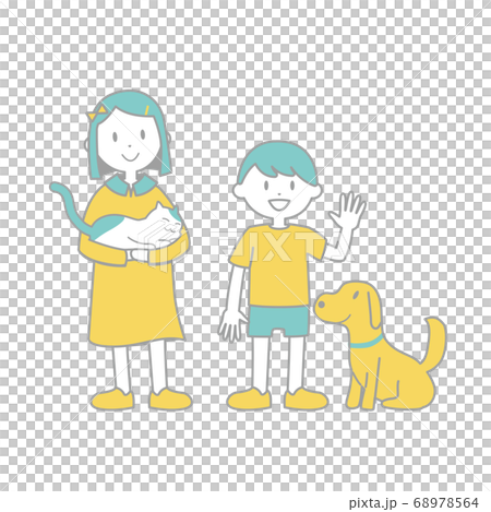 女の子と猫　男の子と犬　イラスト カラー 主線あり 68978564