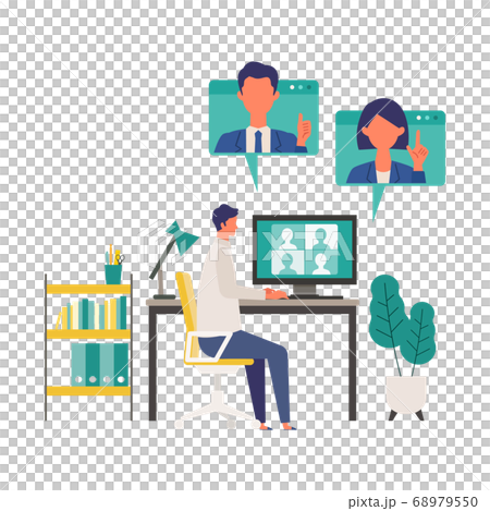 自宅でテレワークする男性のイメージイラスト 68979550