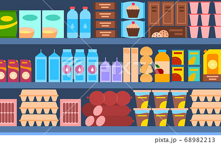 Cartoon Color Supermarket Shelves Interior Inside Concept. Vector 68982213