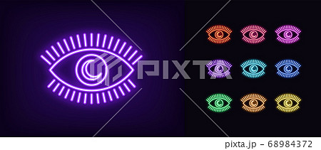 Neon magic eye icon. Glowing neon eye with 68984372