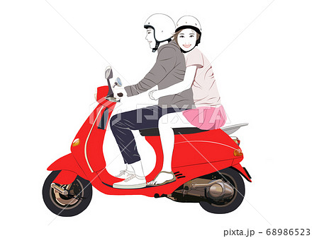 バイクに二人乗り男性と女性のイラスト素材