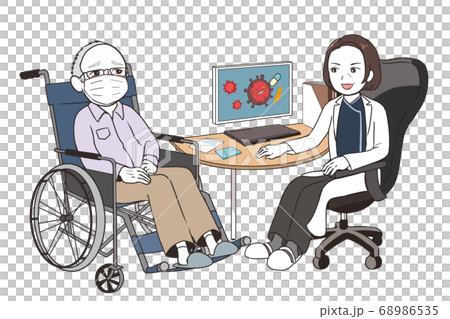 Veteran female doctor talking about clinical trials Elderly male patient wearing a mask Wheelchair Veteran female doctor talking about clinical trials Elderly male patient wearing a mask Wheelchair 68986535