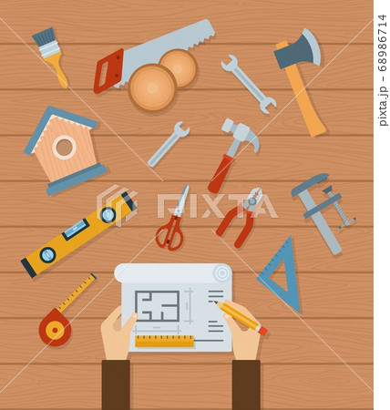 Collection of woodworking tools vector illustration in a flat design. 68986714
