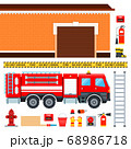 Set of firefighters truck, fireman outfit and garage vector illustration in a flat design. 68986718
