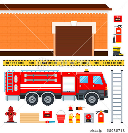 Set of firefighters truck, fireman outfit and garage vector illustration in a flat design. Set of firefighters truck, fireman outfit and garage vector illustration in a flat design. 68986718