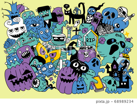 Cute hand drawn Halloween doodles, vector 68989234