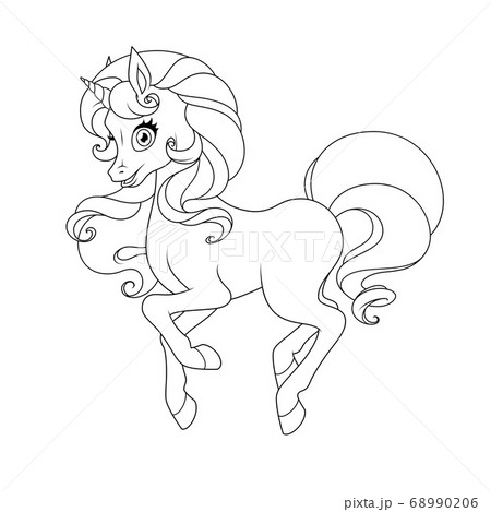 Pretty unicorn with curly mane and tail. Coloring page vector illustration. 68990206