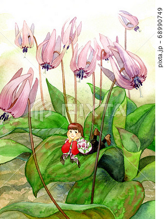 カタクリの花と少女のイラスト素材