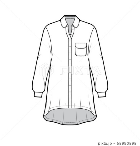 Oversized shirt dress technical fashion illustration with rounded pocket and collar, long sleeves, high-low hem Oversized shirt dress technical fashion illustration with rounded pocket and collar, long sleeves, high-low hem 68990898