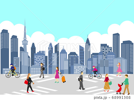 横断歩道 歩行者 都市背景のイラスト素材