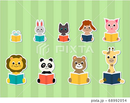 本を読んでいる動物たちのイラスト セットのイラスト素材 6954