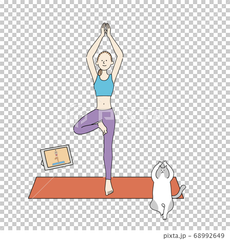 Woman and cat standing online pose for yoga lesson 68992649