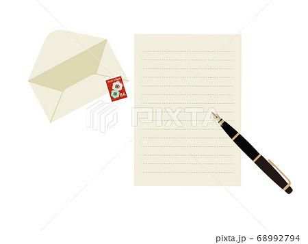 万年筆で手紙を書く レターセットと切手と万年筆のイラスト素材
