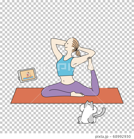 Woman taking a yoga lesson online and a cat pigeon pose Woman taking a yoga lesson online and a cat pigeon pose 68992930
