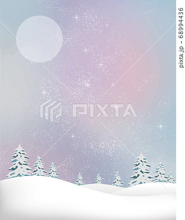冬の景色 水彩 冬 景色 木 木々 雪 丘 雪山 林 森 星 夜空 キラキラのイラスト素材