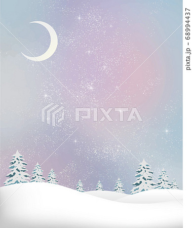 冬の景色 水彩 冬 景色 木 木々 雪 丘 雪山 林 森 星 夜空 キラキラのイラスト素材