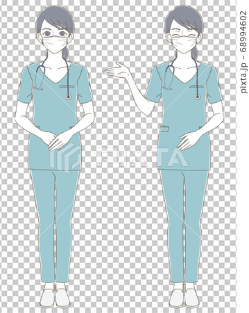 Medical/doctor hand-drawn style full body illustration set of a female doctor wearing a blue scrub and wearing a mask 68994602
