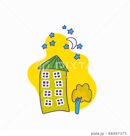 Multi storey house, flat vector in cartoon style. Starry sky and the moon. Autumn evening. Multi storey house, flat vector in cartoon style. Starry sky and the moon. Autumn evening. 68997375