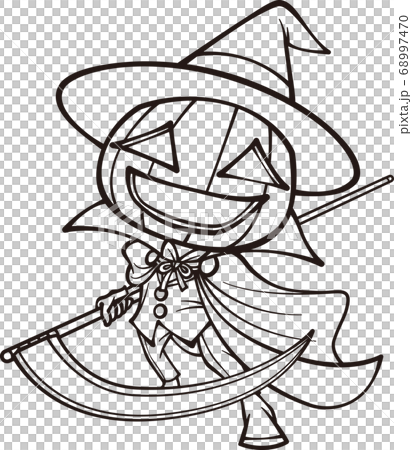 鎌を振り回すハロウィンのお化けカボチャ【2頭身・白黒】 68997470