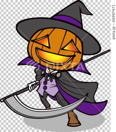 鎌を振り回すハロウィンのお化けカボチャ【2頭身・黒】のイラスト素材