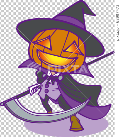 鎌を振り回すハロウィンのお化けカボチャ【2頭身・紫】 68997472