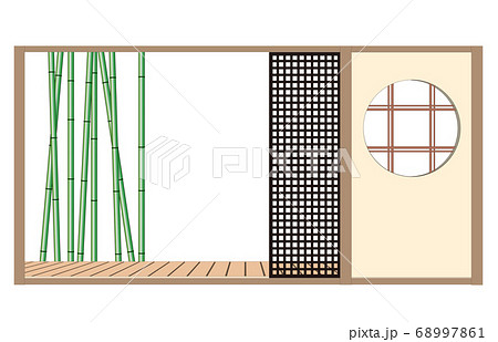 丸窓と黒格子と竹が見える縁側のイラストのイラスト素材