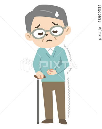 半身麻痺で杖をつく高齢者男性のイラスト素材