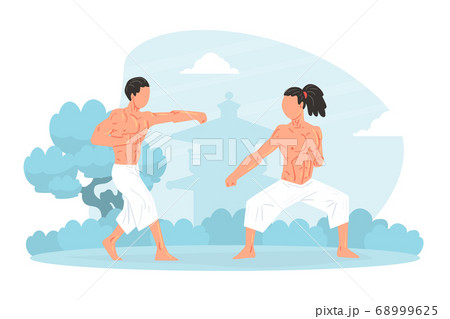 Two Strong Muscular Asian Men Martial Art Fighters Training Outdoors Cartoon Vector Illustration Two Strong Muscular Asian Men Martial Art Fighters Training Outdoors Cartoon Vector Illustration 68999625