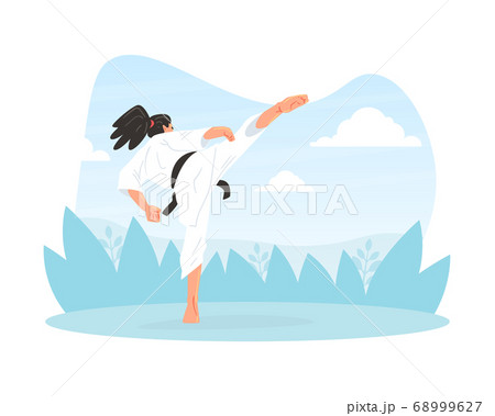 Male Martial Art Fighter Character Wearing White Kimono Performing High Kick Outdoors Cartoon Vector Illustration Male Martial Art Fighter Character Wearing White Kimono Performing High Kick Outdoors Cartoon Vector Illustration 68999627