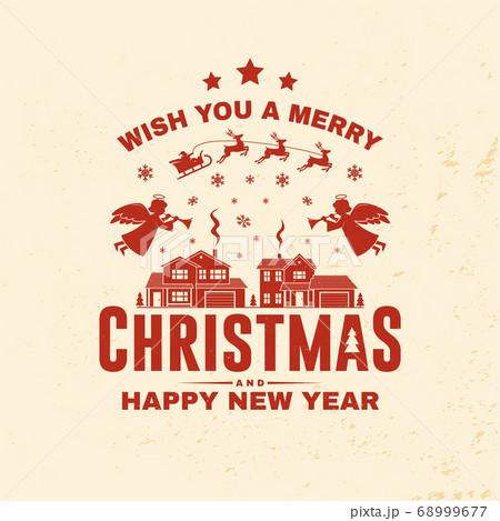 Merry Christmas and Happy New Year stamp, sticker set with angels, santa claus in sleigh with deer and christmas gifts. Vector Vintage typography design for xmas, new year emblem in retro style Merry Christmas and Happy New Year stamp, sticker set with angels, santa claus in sleigh with deer and christmas gifts. Vector Vintage typography design for xmas, new year emblem in retro style 68999677