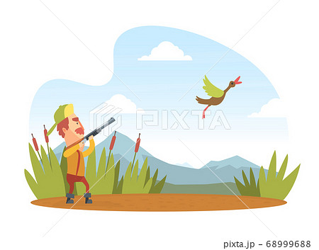 Man Hunter with Shotgun Hunting Duck, Funny Hunter Character Wearing Khaki Clothes and Hat with Rifle Cartoon Vector Illustration 68999688