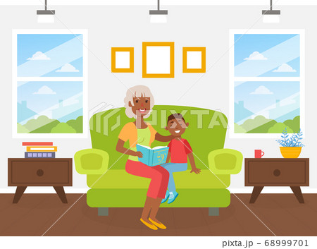 Grandma Reading Book to her Grandson Sitting on Sofa, Elderly Woman Spending Time at Home with her Grandchild, Boy Stayed with his Grandma for Weekend Cartoon Vector Illustration 68999701