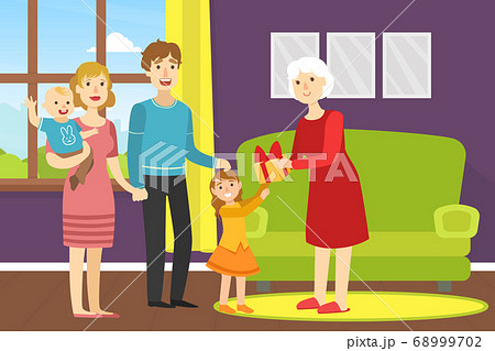 Girl Giving Holiday Present to Happy Grandmother, Relatives Congratulating Grandma with Birthday Party Event Cartoon Vector Illustration 68999702