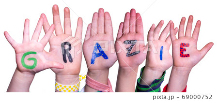 Children Hands Building Word Grazie Means Thank Children Hands Building Word Grazie Means Thank 69000752
